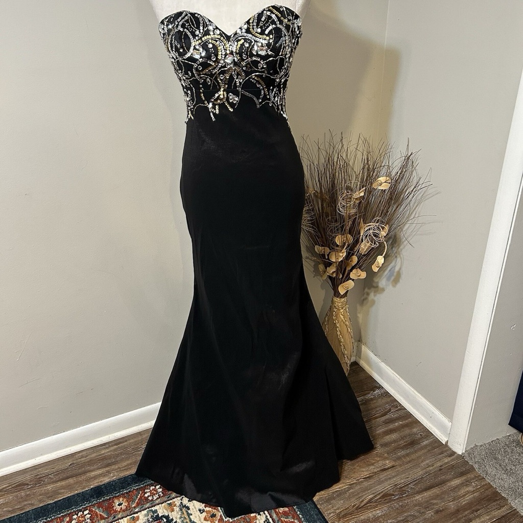 Black Beaded & Sequins Mermaid Prom Formal Strapless Gown